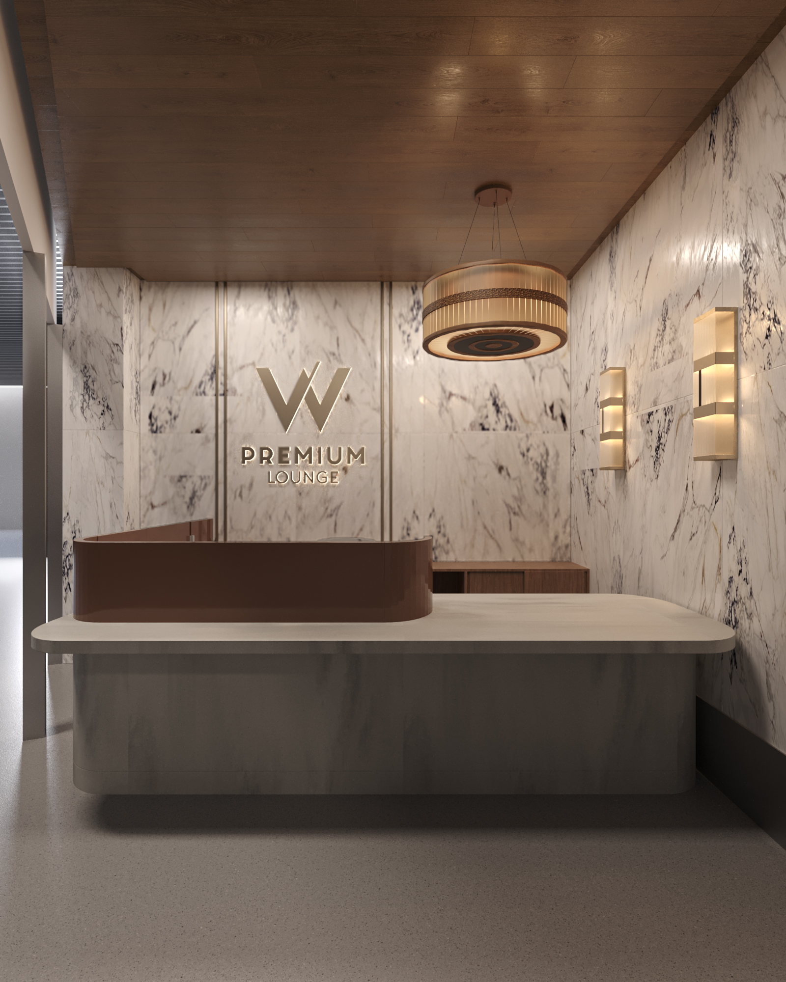 Recepção do projeto W Premium Porto Alegre, revestida em mármore e com iluminação moderna e logo em destaque dourada.