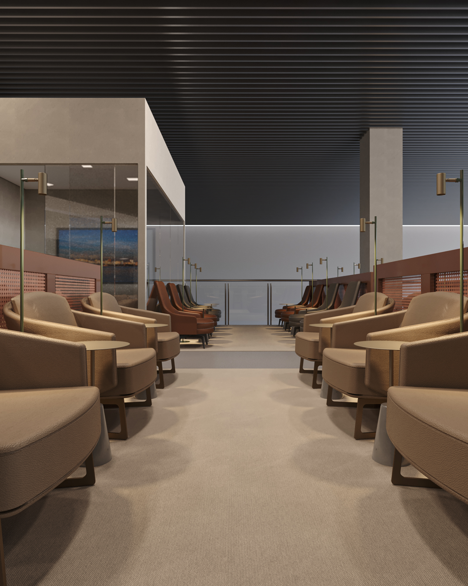 Render do Projeto W Premium Porto Alegre com móveis de couro em cores neutras, carpete personalizado e ambientes aconchegantes.