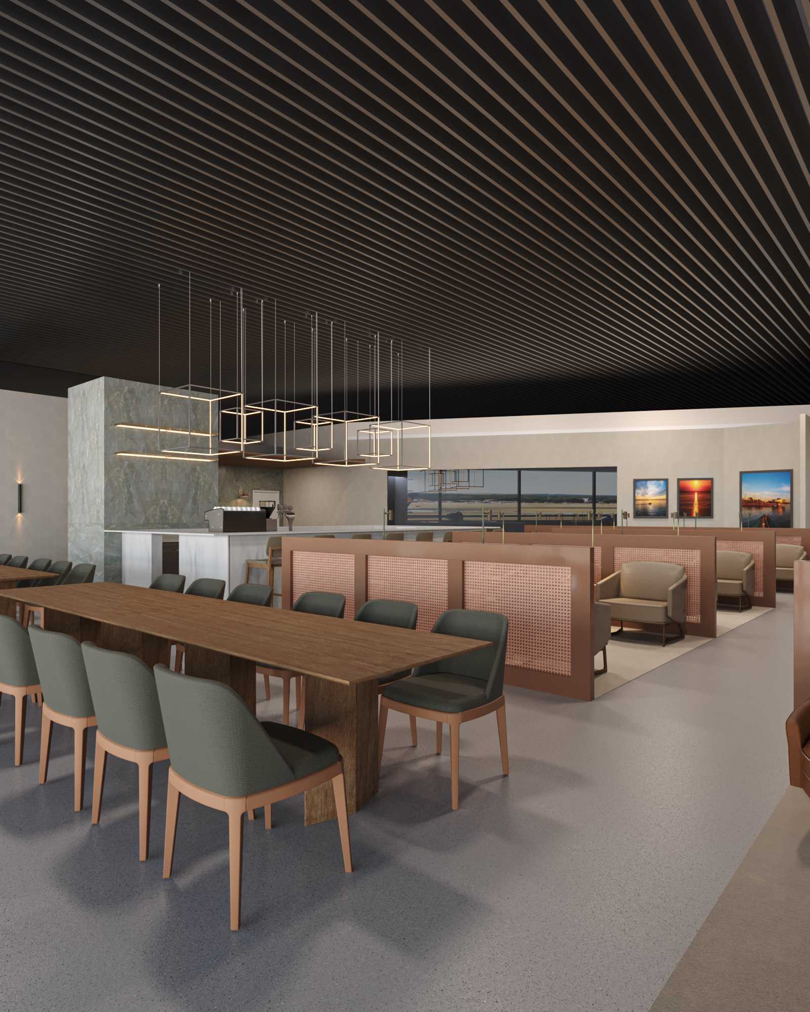 Render do Projeto W Premium Porto Alegre mostrando o espaço do bar com revestimento verde claro e marcenaria personalizada com cores claras.