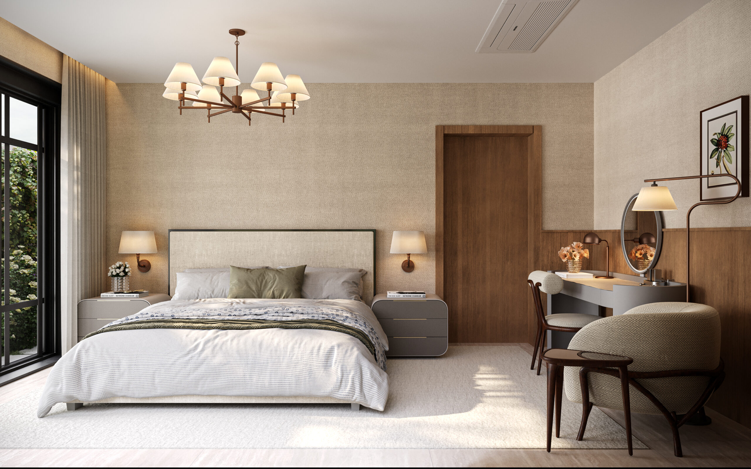 Imagem de renderização de quarto de casal suíte master em projeto residencial no condomínio florais do parque em Cuiabá