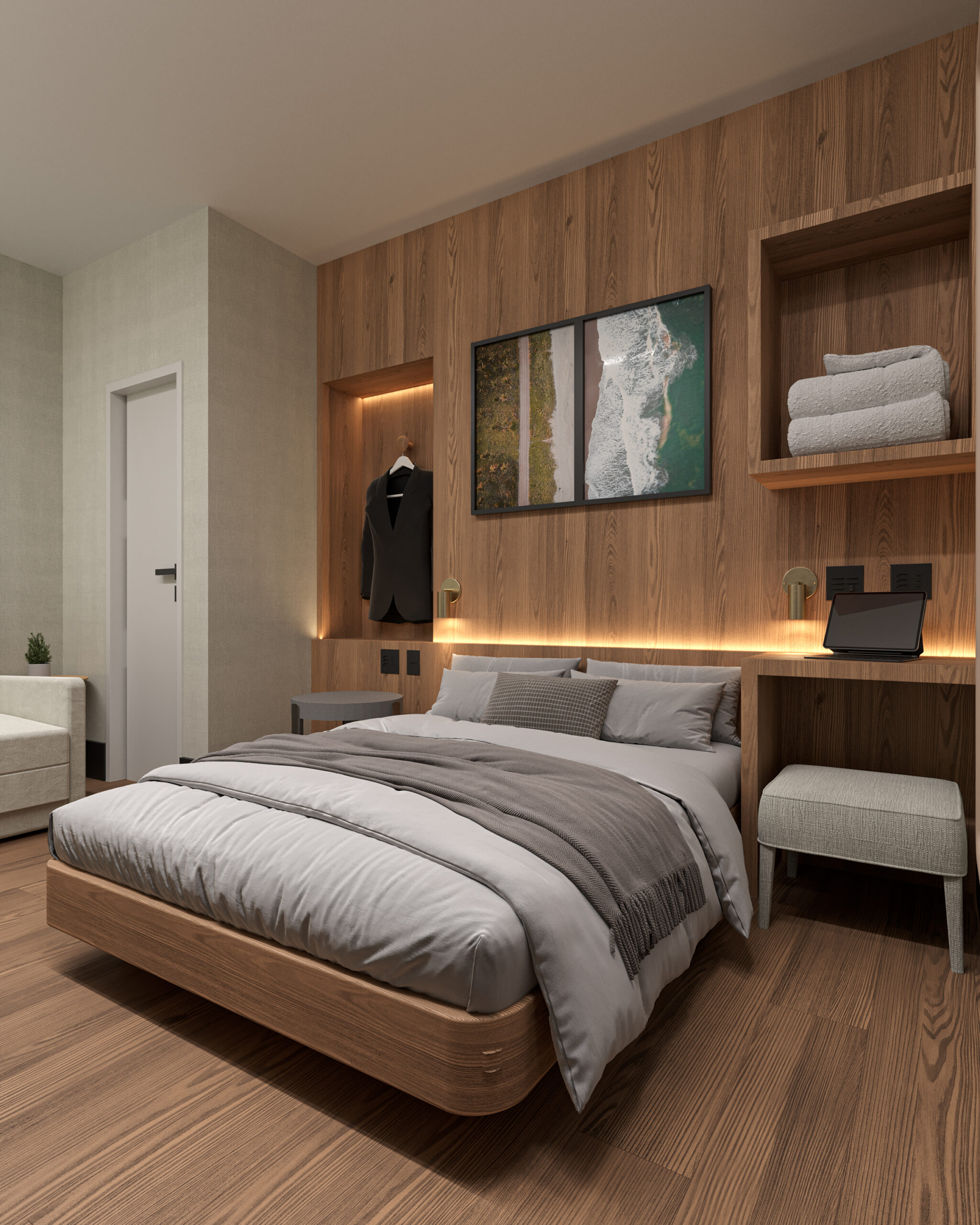 Projeto de quarto com cama dupla no aeroporto de recife w premium