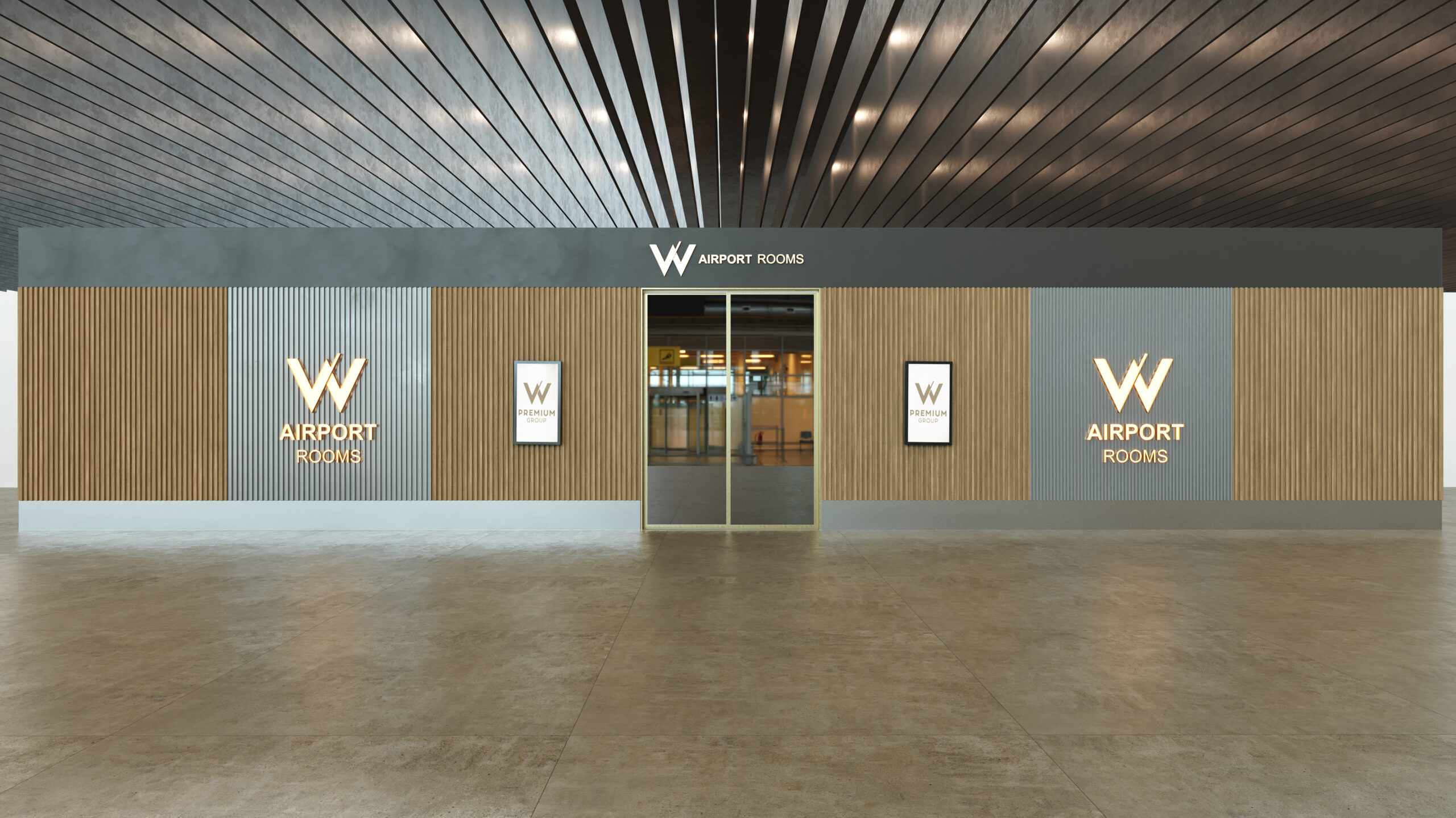 Render arquitetônico da entrada das salas W Premium Airport Rooms no Aeroporto de Fortaleza, com fachada elegante em painéis ripados e sinalização luminosa.