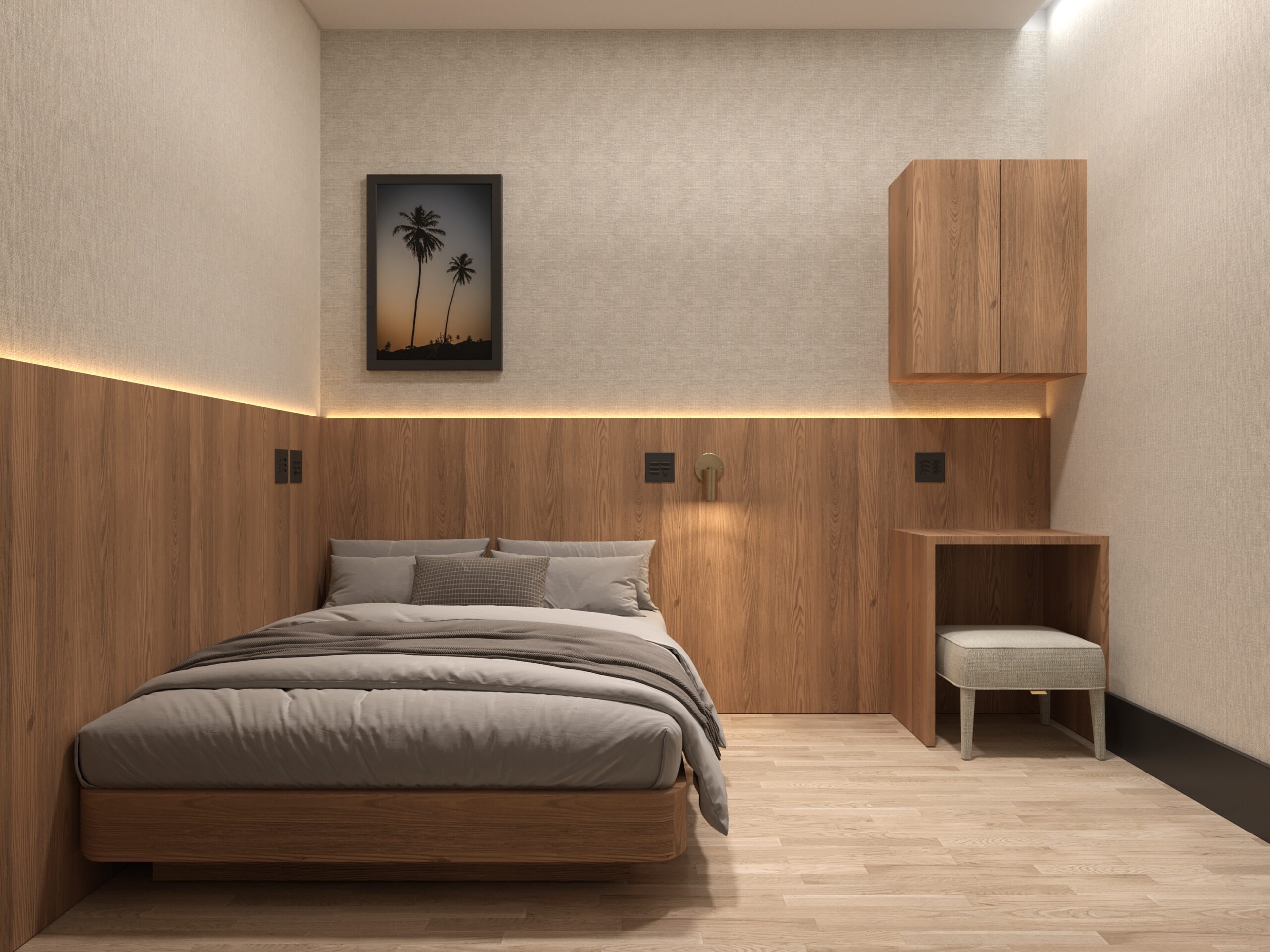 Render do quarto da sala VIP W Premium em Fortaleza, com design minimalista em tons neutros, madeira clara, iluminação indireta e mobiliário sob medida para hotelaria de alto padrão